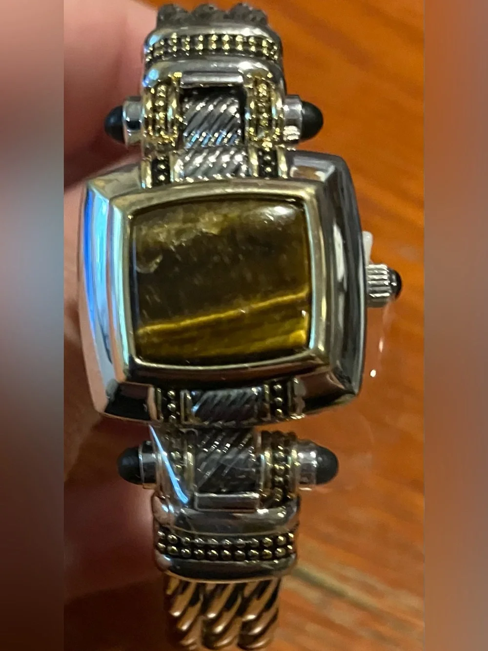 NEW Vintage Gruen Peek-A-Boo Bracelet Watch in Silver & Gold with Amber Dial